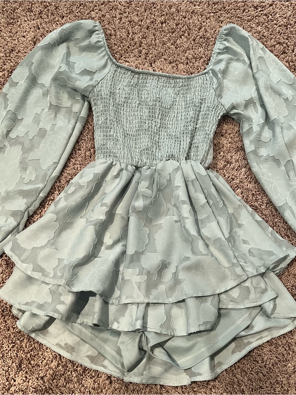Women's Light Sage Puff Sleeve Smocked Tiered Dress (shorts under) Size S/XS